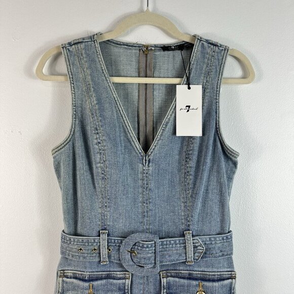 7 For All Mankind Denim Patch Pocket Mini Dress Size Small Belted Festival Party - Picture 2 of 15
